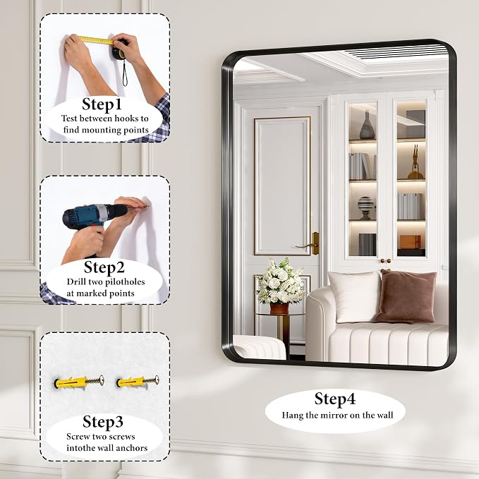 48X36 Inch Black Metal Framed Bathroom Mirror - Image 7