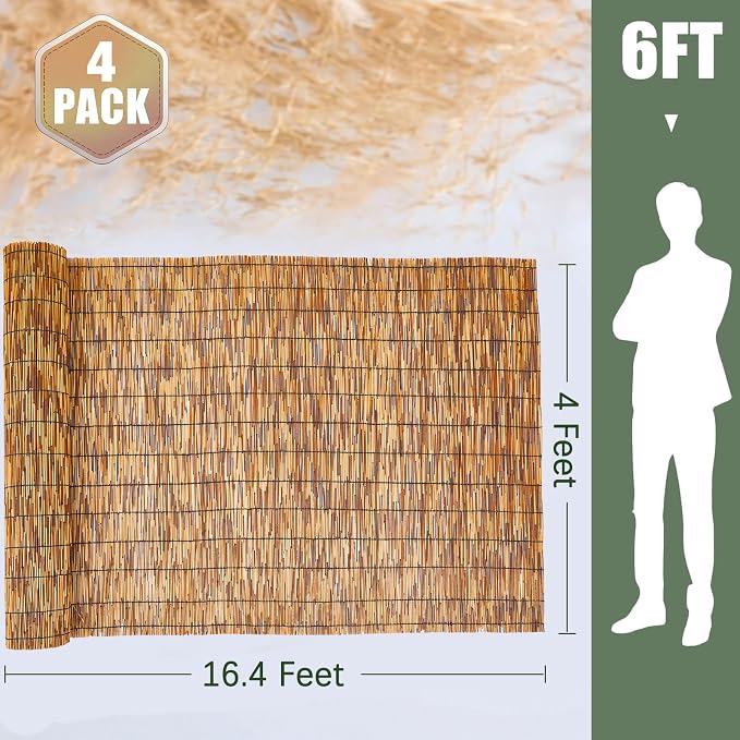 Barydat 4 Pcs 4 x 16.4 ft Reed Fence Roll, 85% Shade Bamboo Privacy Screen - Image 2