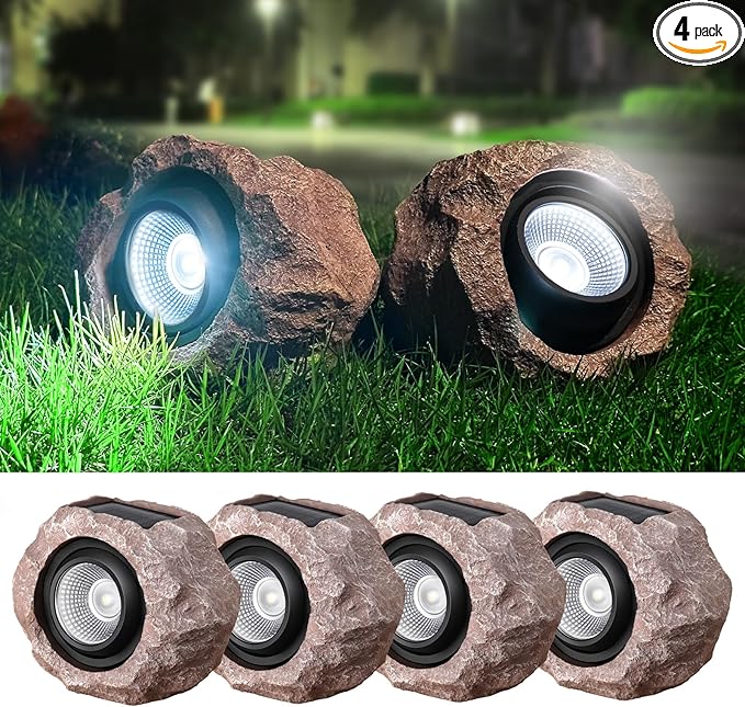 Timeflies Solar Rock Lights Outdoor 4 Pack, Bright Solar Spotlights Outdoor Waterproof, Wireless LED Rock Lights, Auto On/Off Solar Landscape Spotlights for Yard Walkway Patio Pathway Flowerbed