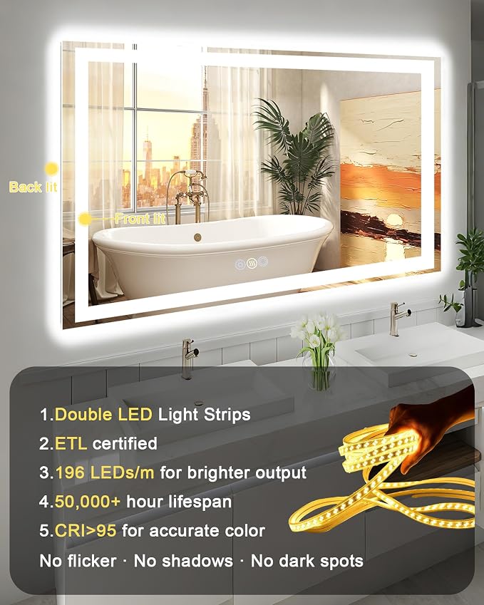 24x36 LED Bathroom Mirror with Lights, Super Bright Front & Backlit Vanity - Image 8