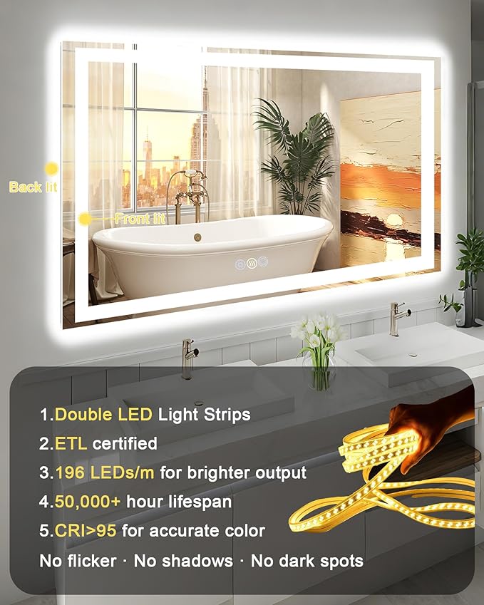 40x32 LED Bathroom Mirror with Lights, Super Bright Front & Backlit Vanity - Image 8