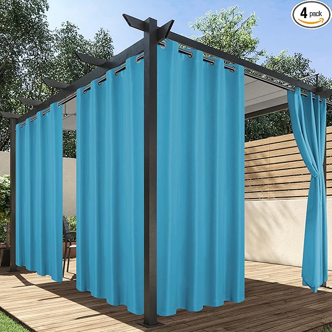 HolidayIdeas Outdoor Curtains for Patio Waterproof, 4 Panels - 54 x 95 Inch - Privacy Protection & Light Filtering Curtains Teal Grommet Outside Curtains for Porch, Gazebo, Pergola, Backyard