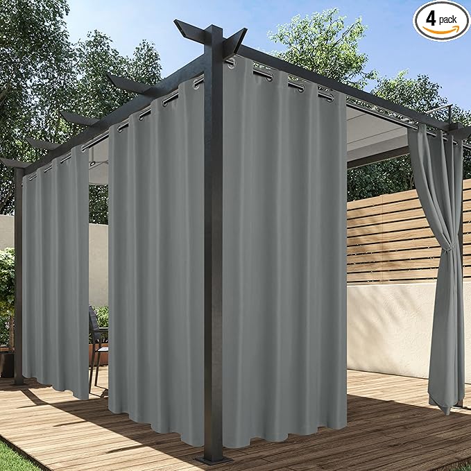 HolidayIdeas Outdoor Curtains for Patio Waterproof, 4 Panels - 54 x 120 Inch - Privacy Protection & Light Filtering Curtains Grey Grommet Outside Curtains for Porch, Gazebo, Pergola, Backyard
