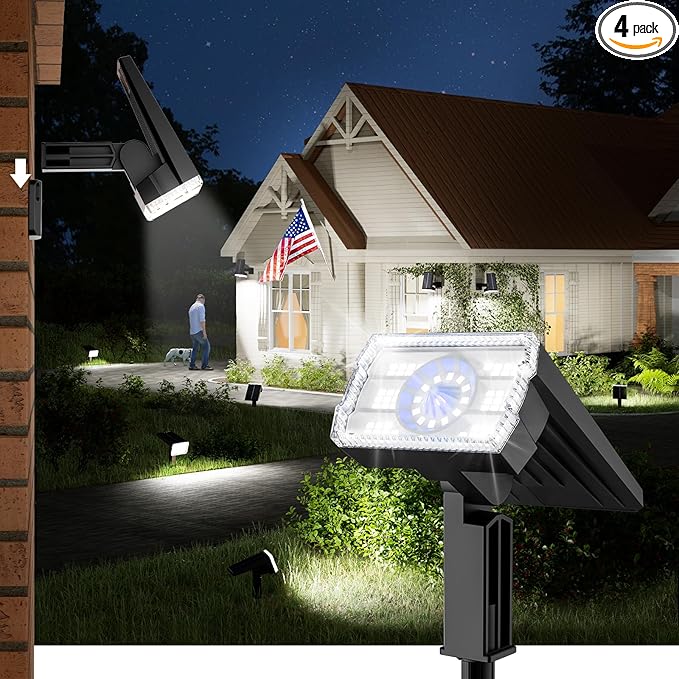Bright Solar Spot Lights Outdoor 4 Pack, [58 LED/12000K/3 Modes] Solar Lights Outdoor Waterproof IP67, Auto On/Off, 2-in-1 Wall Light Flood Light for Tree Yard Garden Pathway