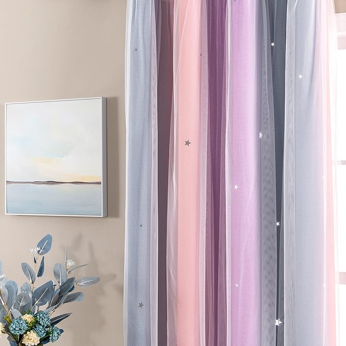 XiDi Curtains for Bedroom Decor, Rainbow GreyPinkPu-34-45 - Image 2