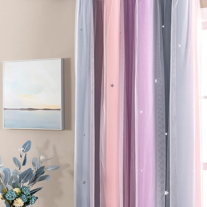 XiDi Curtains for Bedroom Decor, Rainbow GreyPinkPu-34-90 - Image 2