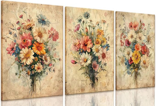 KISSFOX Framed Colorful Wildflower Canvas Wall Art Set Of 3 Flowers Pictures by KISSFOX