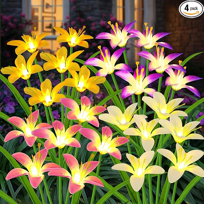 Solar Garden Lights New Upgraded Solar Wild Lily Flower Lights, Yard Patio Pathway Deco High Flexibility Copper Wire & Handmade Silk Artificial Flowers Never Wither, Gift for Family Friends
