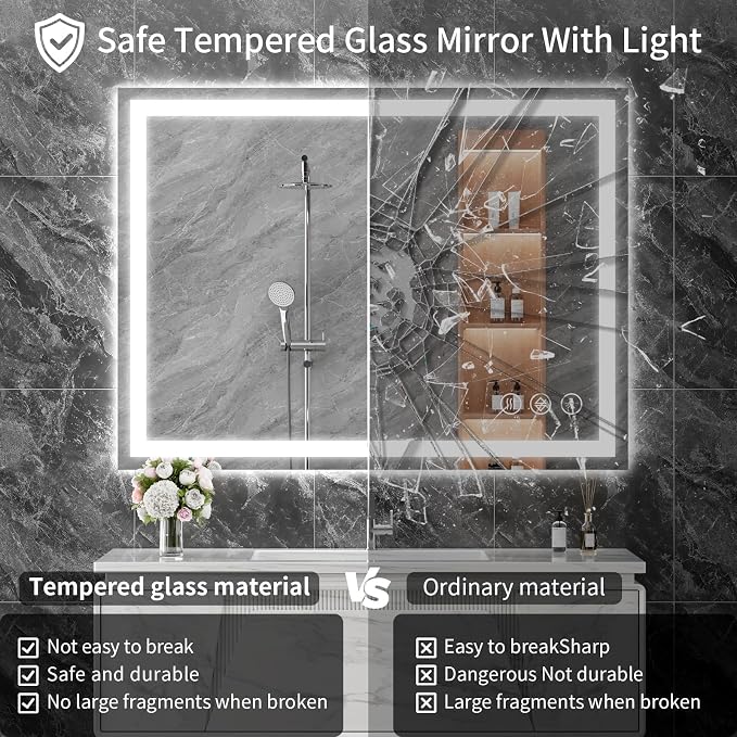 Koonmi 36"x40" LED Mirror for Bathroom, 90CRI Anti-Fog Vanity Mirror - Image 3
