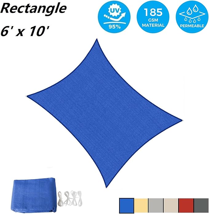 AsterOutdoor Sun Shade Sail Rectangle 6' x 10' UV Block Canopy for Patio Backyard Lawn Garden Outdoor Activities, Blue