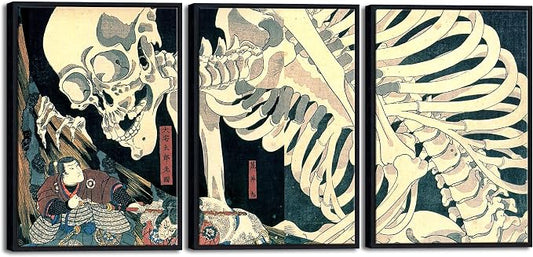 Wieco Art Black Framed 3 Piece Witch and Skeleton Ukiyo-E by Utagawa Takiyasha by WiecoArt