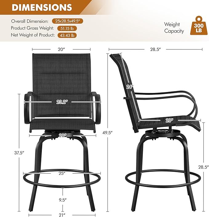 Yaheetech 6 Piece Patio Swivel Bar Stools Texteline Chairs with High Back/Armrest/Footrest, All Weather Padded Seating Outdoor Furniture Height Outdoor Chairs for Outside, Lawn & Garden