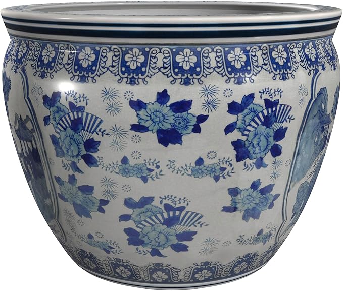 Red Lantern Oriental Furniture 16" Ladies Blue & White Porcelain Fishbowl, Large
