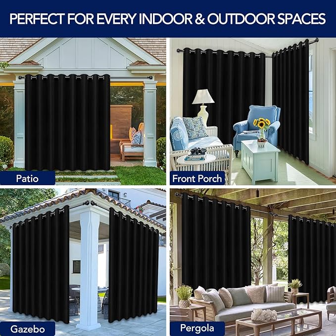 PureFit Outdoor Curtains for Patio Waterproof Weatherproof, UV Resistant Outside Curtains for Gazebo, Front Porch, Pergola, Sun Blocking Privacy Curtain, 120W x 108L inch, 1 Panel, Black