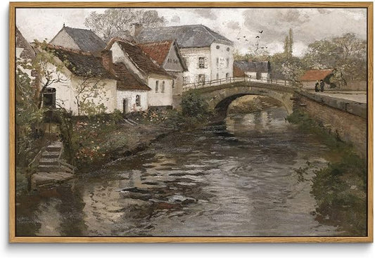InSimSea Framed Canvas Wall Art Vintage Decor, Landscape Wall Art, Riverside by InSimSeaArt