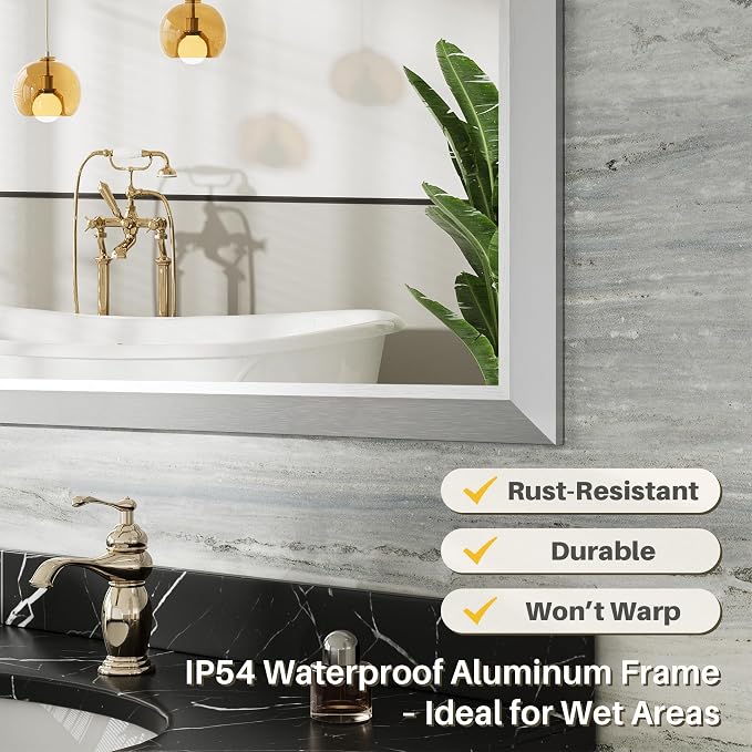 36x32 Inch Brushed Silver Bathroom Mirror - Image 3