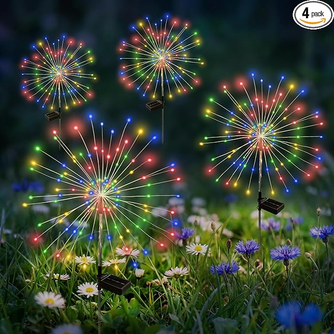 Solar Garden Lights Outdoor Decorative, 4pack 120 LED Firework Lights Waterproof，Solar Fairy Lights for Outside,Garden,Yard, Patio,Pathway,Flowerbed,Party(Multicolor)