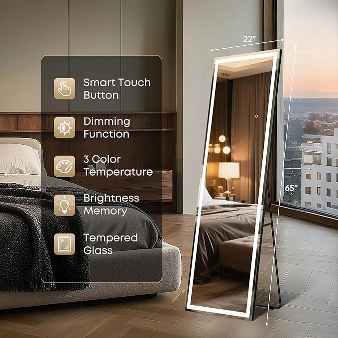 Kosmonia 65x22 Frameless Full Length Mirror, Dimmable 3 Color LED Light - Image 6