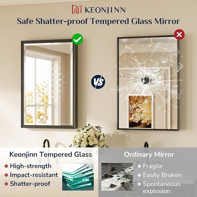 Keonjinn 48" x 36" Large Black Bathroom Mirror, Aluminum Alloy Frame Rustproof - Image 6