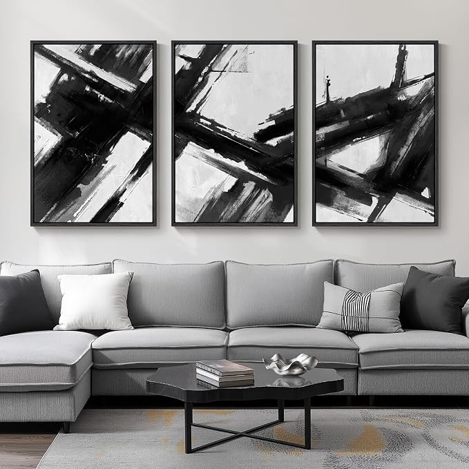 Large Framed Black and White Abstract Canvas Wall Art by Cuspin