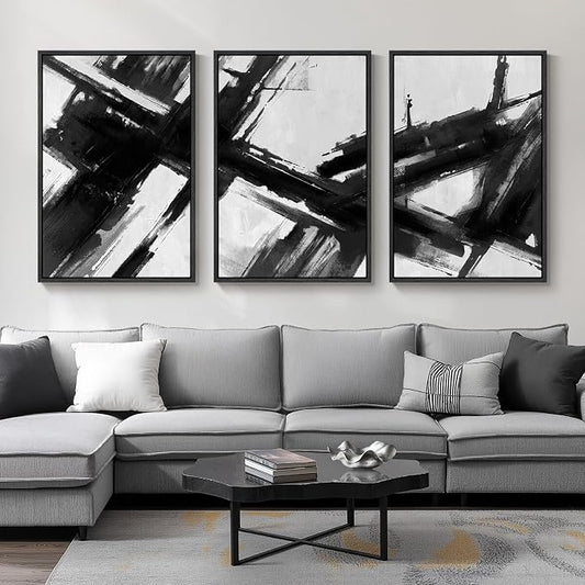 Large Framed Black and White Abstract Canvas Wall Art by Cuspin