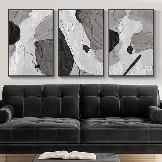 Framed Black and White Modern Abstract Wall Art, 3 Piece Canvas Prints by Cuspin