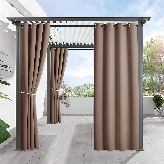 RYB HOME Outdoor Curtains for Patio Waterproof Block Sunlight Thermal Insulated Privacy Assured Thick Outside Curtains for Pergola, Deck, Gazebo, W52 x L90, Mocha, 1 Panel