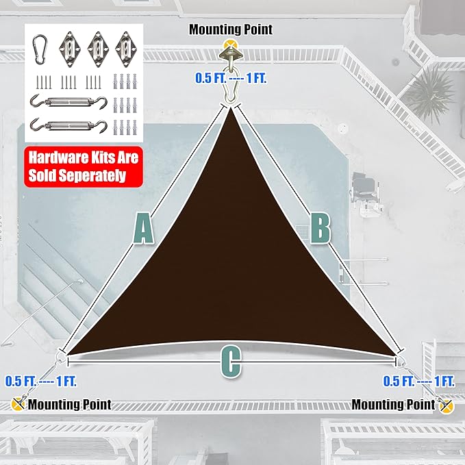 Amgo Custom Size 13' x 13' x 13' Brown Triangle Sun Shade Sail UPF50+ AGTAPRT12, Order to Make Canopy Awning, 95% UV Blockage, Water & Air Permeable, Commercial Standard (We Customize)