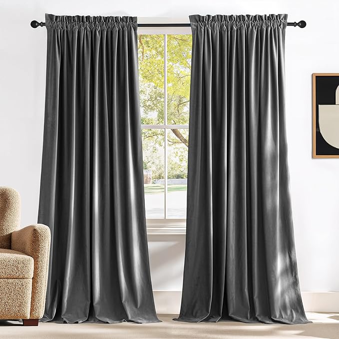 NICETOWN Grey Velvet Curtains 84 inches, Sound Reducing Heavy Matt Solid Rod by NICETOWN