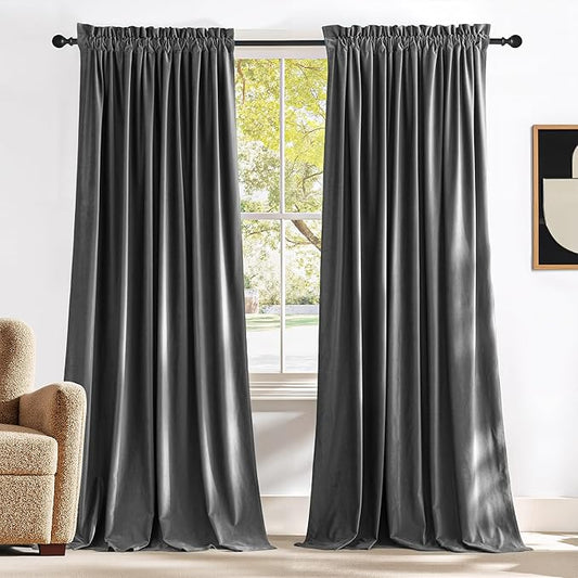 NICETOWN Grey Velvet Curtains 84 inches, Sound Reducing Heavy Matt Solid Rod by NICETOWN