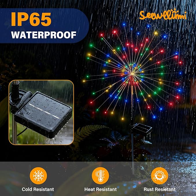Solar Garden Lights Outdoor Decorative, 4pack 120 LED Firework Lights Waterproof，Solar Fairy Lights for Outside,Garden,Yard, Patio,Pathway,Flowerbed,Party(Multicolor)