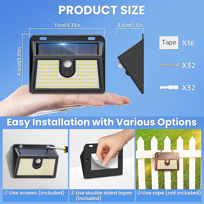 [16 Packs] Solar Motion Sensor Outdoor Lights, Super Bright Solar Lights Outdoor Waterproof, 3 Lighting Modes Security Wall Light for Outside Walking Dog Fence Backyard Deck Garden Door Step Garage