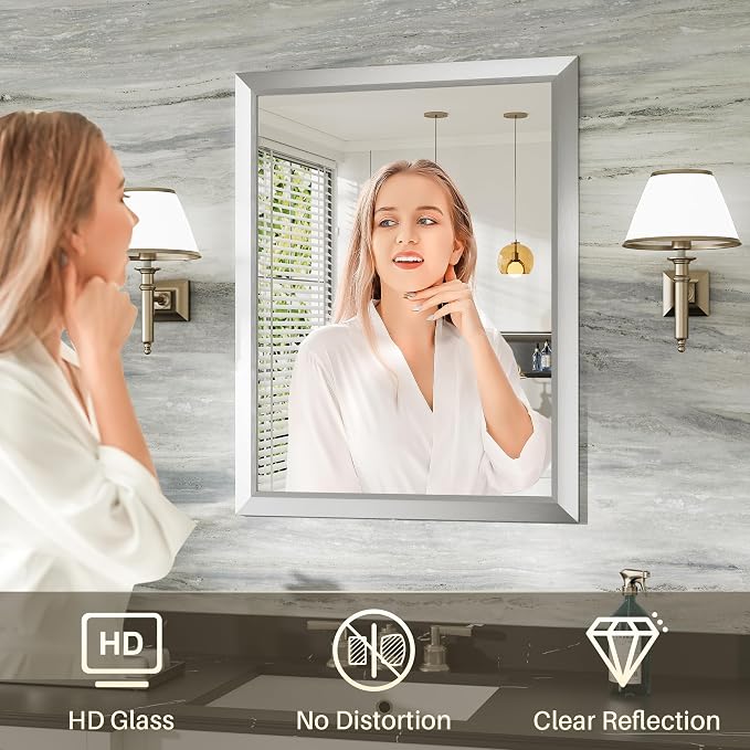 24x30 Inch Brushed Silver Bathroom Mirror - Image 5