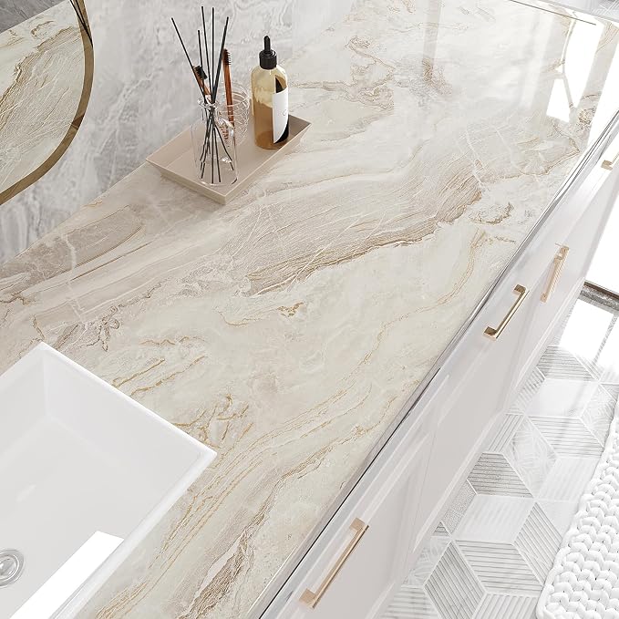 VEELIKE 15.7''x118'' Beige Gold Liquid Marble Contact Paper - Image 3