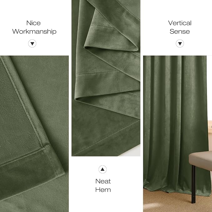 NICETOWN Sage Green Room Darkening Velvet Curtains 90 inches Long 2 Panels - Image 8