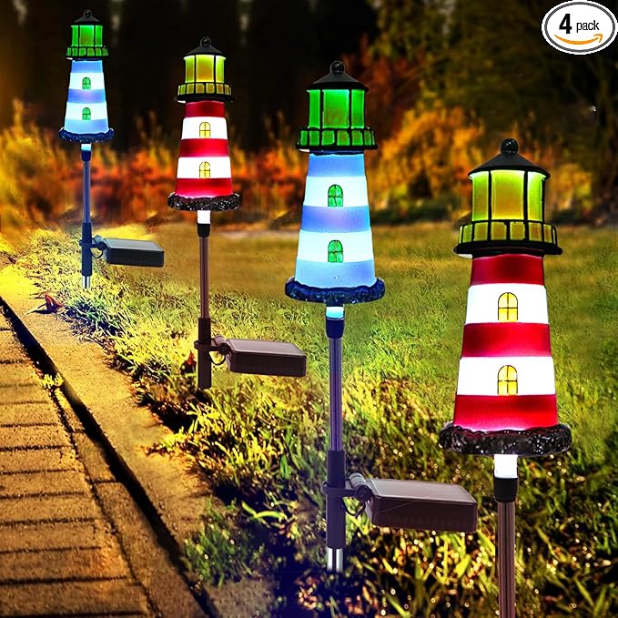 Solar Powered Waterproof Garden Lights 4 Pack – Lighthouse Design for Outdoor Garden Lighting, Backyard Decorations & DIY Backyard Patio, Must-Have for Patio Lovers