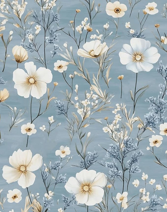 Laatse Blue Floral Peel and Stick Wallpaper White Botanical Contact Paper by Laatse