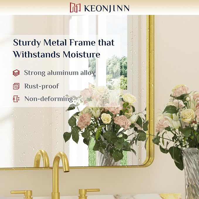Keonjinn Gold Bathroom Vanity Mirror 48 x 36 Inch Large Rounded Rectangle - Image 7