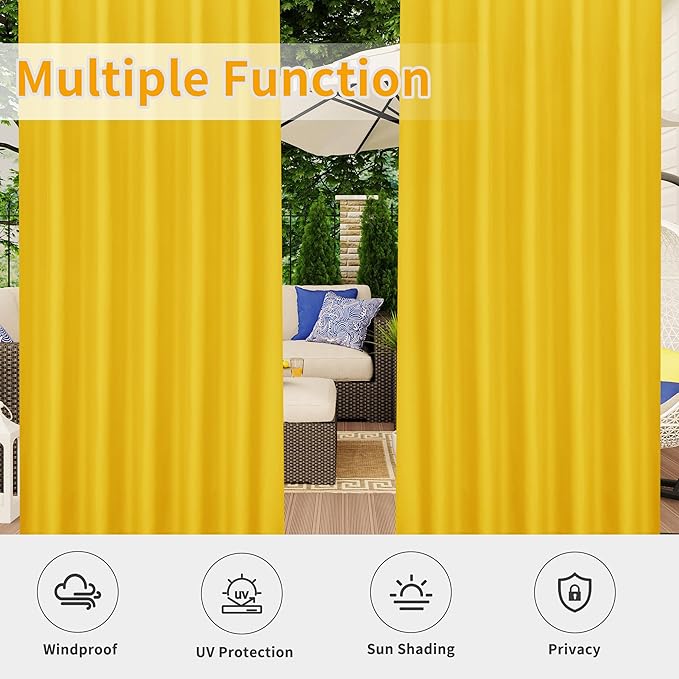 Easy-Going Outdoor Patio Curtains Detachable Tab Top Windproof Weatherproof Curtain for Cabana, Porch, Pergola and Gazebo, Tab Bottom Drape, 2 Panels, 54W x 96L inch, Yellow