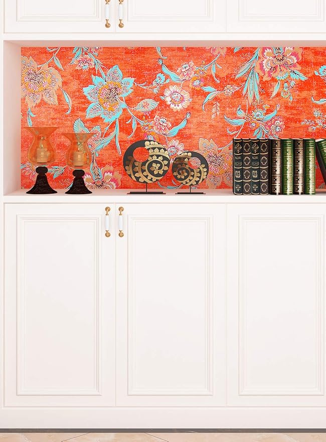 FunStick 17.5"x118" Vintage Floral Peel and Stick Wallpaper Orange Red Wall - Image 4