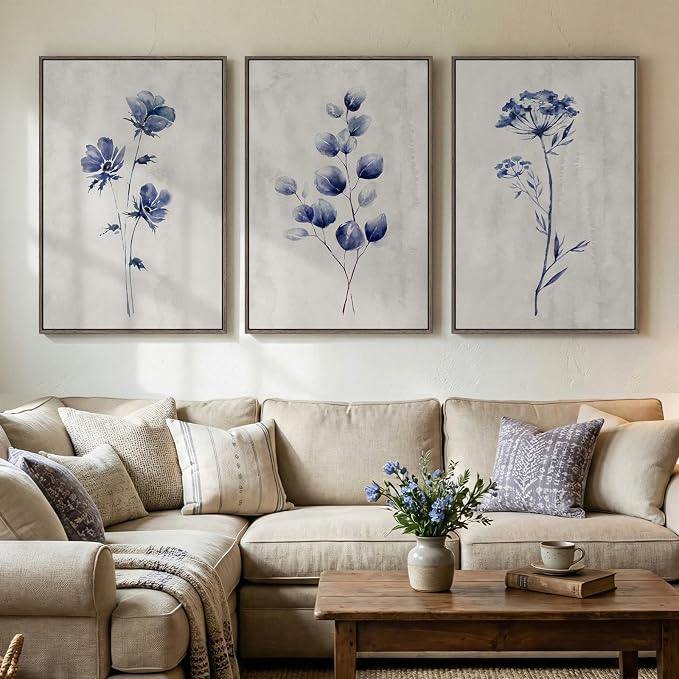 Framed Boho Floral Wall Art for Living Room, 3 Piece Blue Minimalist Botanical by Cuspin
