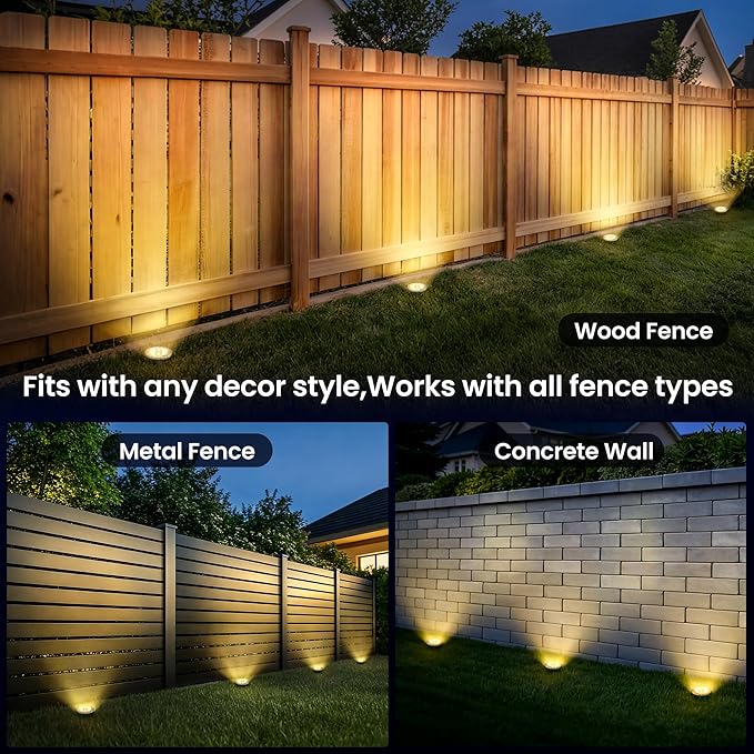 GIGALUMI Solar Ground Lights - No-Drill Fence Lighting Solution, Waterproof Perimeter Lights Compatible with Wood, Metal & Concrete Fences (12 Pack Warm White)