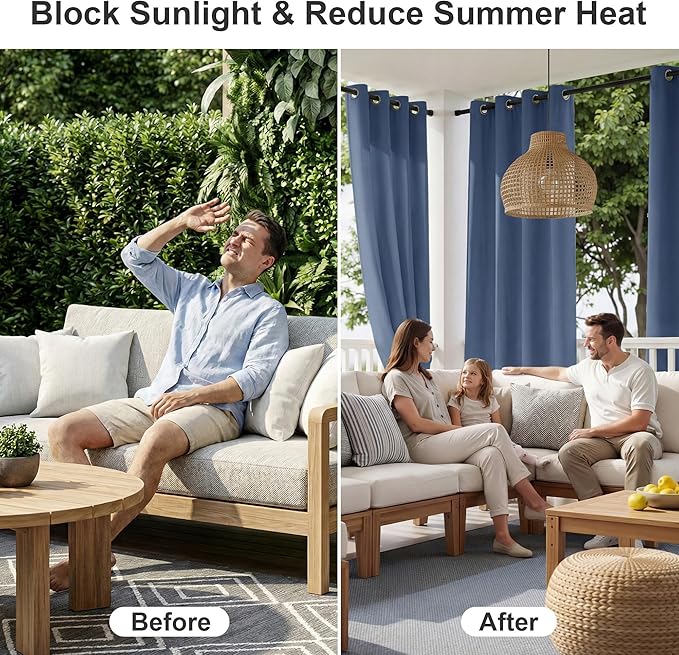 RYB HOME Outdoor Curtains for Patio Waterproof Block Sunlight Thermal Insulated Privacy Assured Thick Outside Curtains for Pergola, Deck, Gazebo, W52 x L90, Stone Blue, 1 Panel