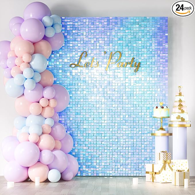 COKAOBE Rainbow Blue Shimmer Wall Backdrop 24PCS Square Sequin Shimmer Backdrop by COKAOBE