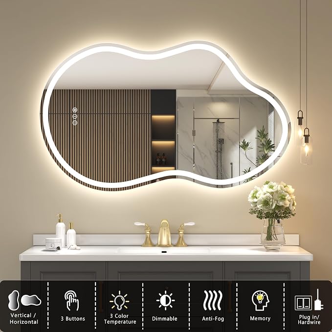 SMIROR Irregular Led Backlit Bathroom Mirror 48 x 26 inch, Asymmetrical Cloud - Image 3
