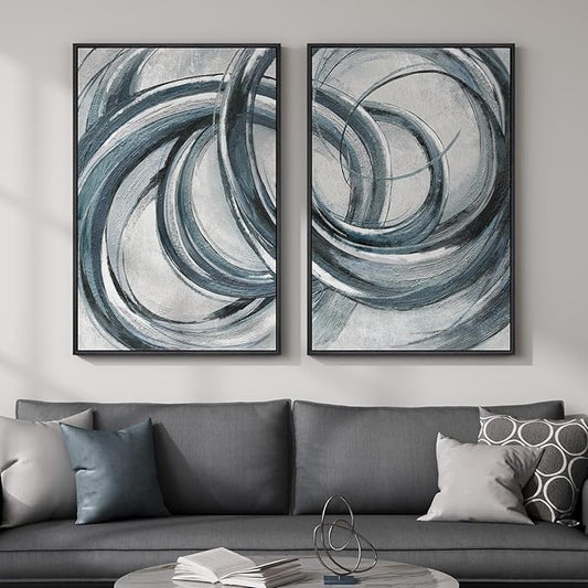 Framed Blue Gray Abstract Wall Art Set of 2, Modern Circle Line Canvas Artwork by MXART