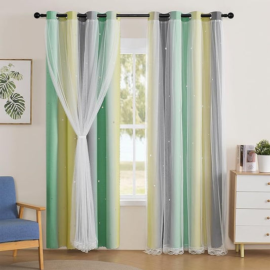 XiDi Curtains for Bedroom Decor, Rainbow GreenYellowGrey34/90/1 by Addsomecolortolife
