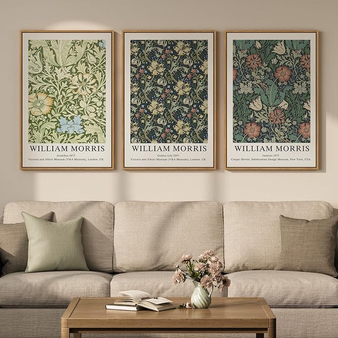 Large Framed William Morris Green Wall Art Set of 3, Vintage Floral Canvas by Cuspin