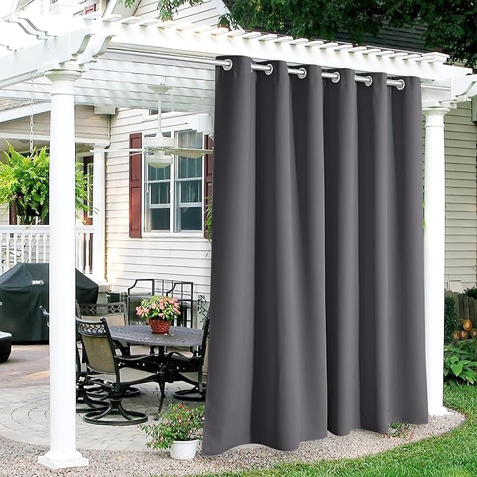 RYB HOME Outdoor Curtains for Patio Waterproof Block Sunlight Thermal Insulated Privacy Assured Thick Outside Curtains for Porch, Gazebo, Pergola, W84 x L108, Grey, 1 Panel