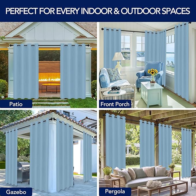 PureFit Outdoor Curtains for Patio Waterproof Weatherproof, UV Resistant Outside Curtains for Gazebo, Front Porch, Pergola, Sun Blocking Privacy Curtain, 52W x 120L inch, 1 Panel, Sky Blue